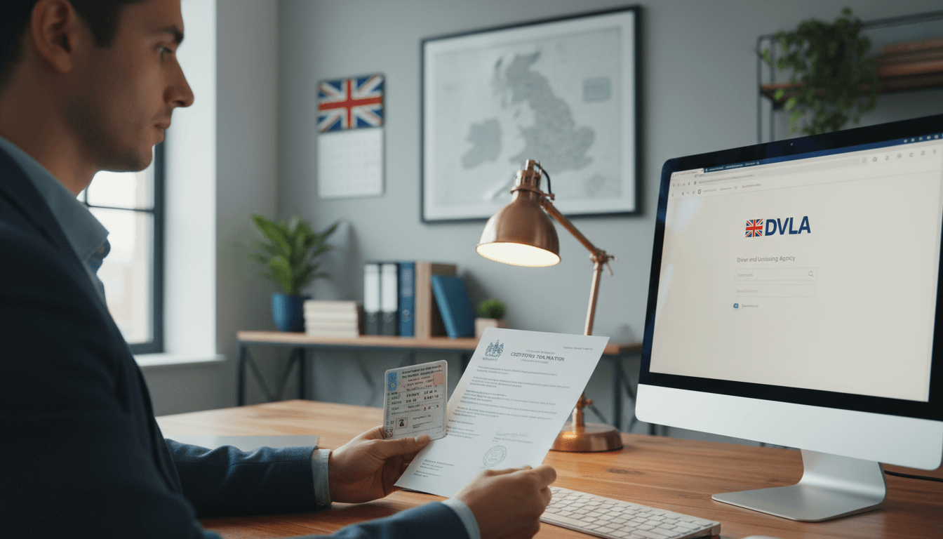 Horizontal banner showing a translator reviewing a driving licence and its certified English translation beside a DVLA webpage on a computer, symbolising official UK translation process  Locate Translate