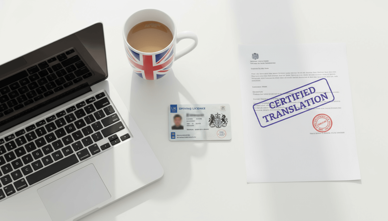 Square image of a UK driving licence and certified translation document on a desk with a British flag mug and laptop, representing official translation services  Locate Translate
