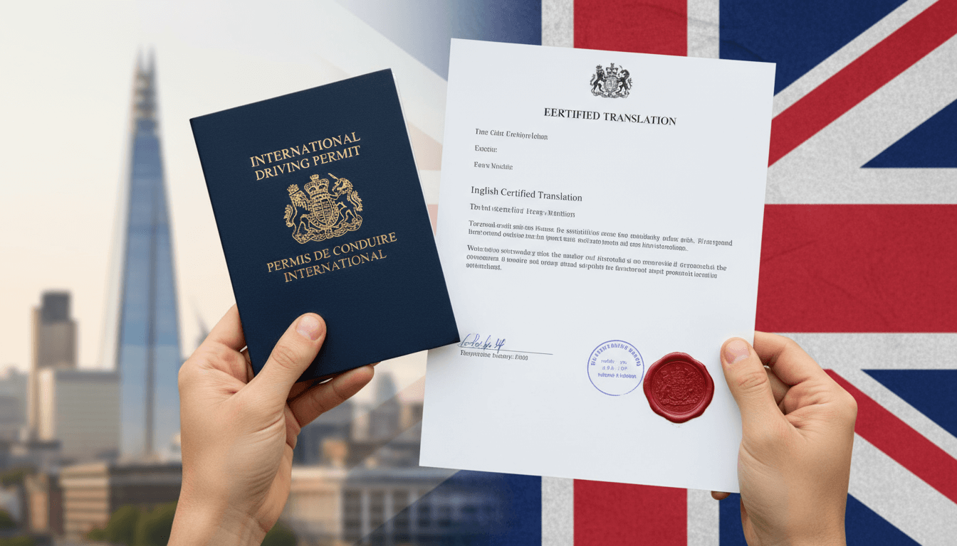 Vertical image showing hands holding an international driving licence and its certified English translation with a red stamp, symbolising UK certified translation for DVLA  Locate Translate