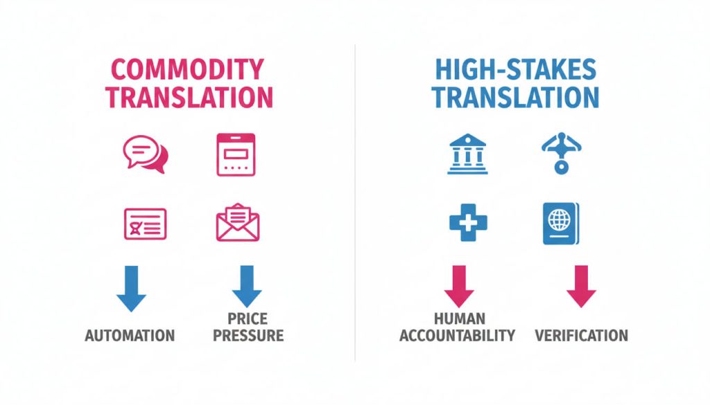 Infographic showing the split between commodity translation and high stakes translation Locate Translate: Year-End Review 2025 Locate Translate