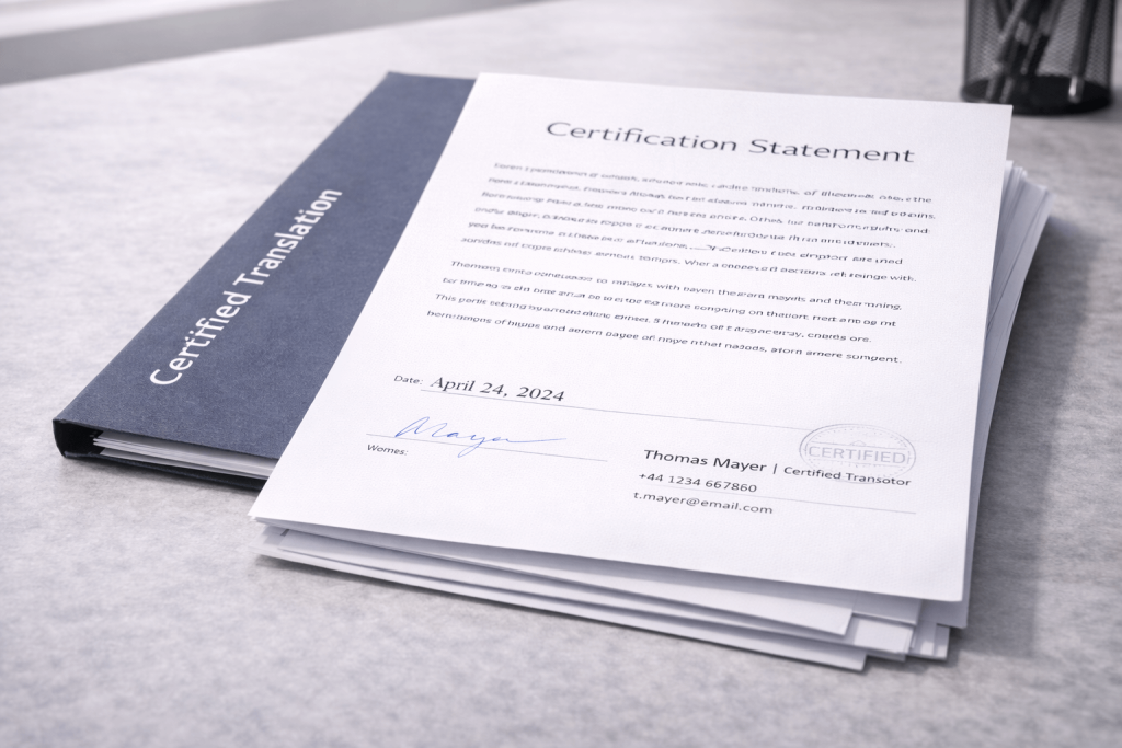 Certified translation packet with a signed certification statement How to Become a Certified Translator in Canada (Ontario, Alberta & Beyond) — Plus the US, UK, Germany, Ireland, India and New Zealand Locate Translate
