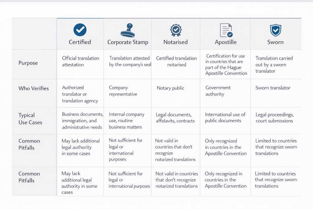 Comparison of certified, corporate stamped, notarised, apostille, and sworn translations Stamped Business Translation for Official Use: When Companies Really Need It (and When They Don’t) Locate Translate