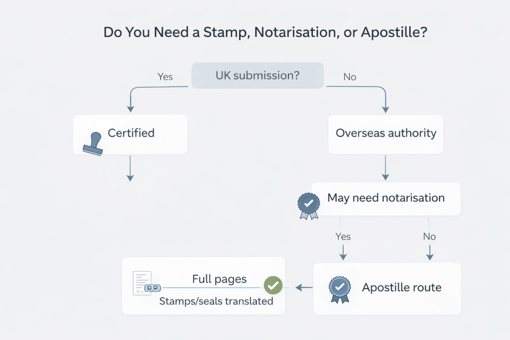 Decision tree for whether a stamped translation is enough or additional legalisation is needed Documents That Commonly Require Stamped Translations Locate Translate