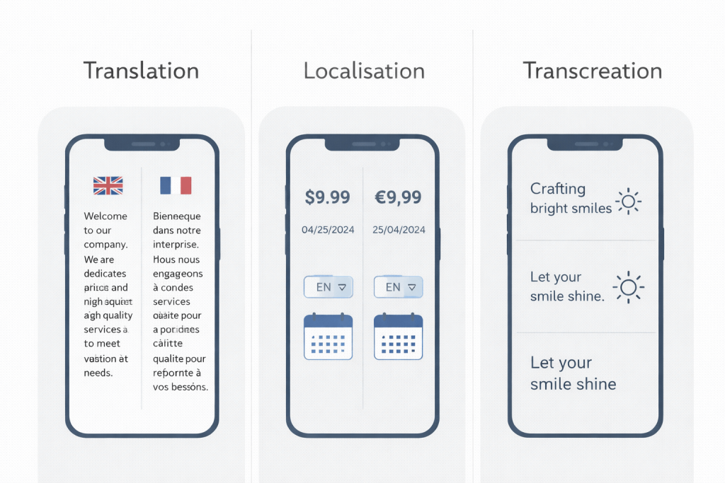 Diagram showing translation vs localisation vs transcreation What Are Translation Services? Types, Examples and How They Work Locate Translate